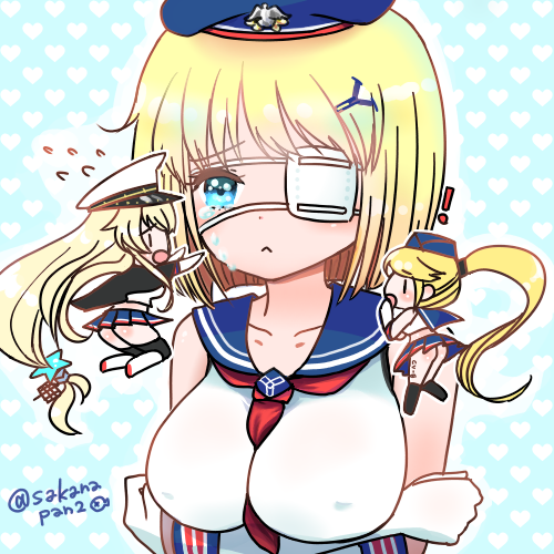 ! 3girls beret black_legwear blonde_hair blue_eyes chibi_inset commentary_request crying crying_with_eyes_open enterprise_(zhan_jian_shao_nyu) eyepatch garrison_cap hair_ornament hairclip hat hornet_(zhan_jian_shao_nyu) long_hair low-tied_long_hair lowres medical_eyepatch multiple_girls open_mouth peaked_cap ponytail short_hair tears thigh-highs twitter_username yorktown_(zhan_jian_shao_nyu) zhan_jian_shao_nyu