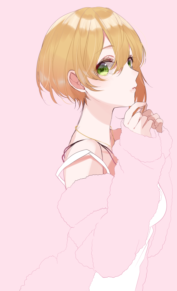 1girl bangs blush camisole eyebrows_visible_through_hair fingernails fingers_together from_side hair_between_eyes idolmaster idolmaster_cinderella_girls light_brown_hair long_sleeves looking_at_viewer looking_to_the_side miyamoto_frederica off_shoulder parted_lips pink_background pink_sweater short_hair simple_background sinsihukunokonaka sketch sleeves_past_wrists solo strap_slip sweater white_camisole