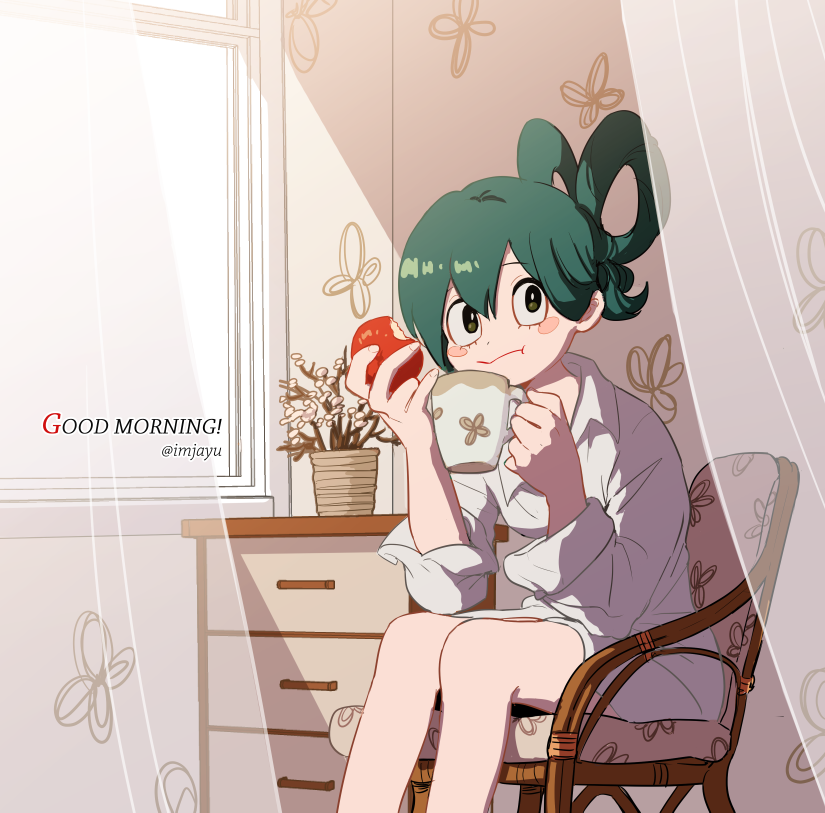 1girl apple asui_tsuyu bedroom blush_stickers boku_no_hero_academia chair cup curtains food fruit green_hair imjayu indoors long_hair looking_at_viewer morning mug pajamas sitting solo tied_hair window