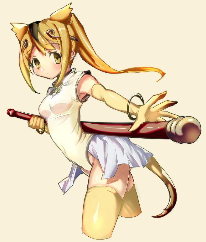1girl animal_ears armpits bangle bangs bare_shoulders black_hair blonde_hair blush bracelet breasts chinese_clothes circlet covered_navel cowboy_shot cropped_legs elbow_gloves eyebrows_visible_through_hair facing_away gloves golden_snub-nosed_monkey_(kemono_friends) groin hair_between_eyes high_ponytail holding holding_staff jewelry kemono_friends leotard long_hair looking_at_viewer monkey_ears monkey_tail multicolored_hair narita_imomushi shiny shiny_clothes showgirl_skirt sidelocks simple_background small_breasts solo staff tail tareme taut_clothes taut_leotard thigh-highs turtleneck two-tone_hair white_leotard yellow_background yellow_eyes yellow_gloves yellow_legwear zettai_ryouiki