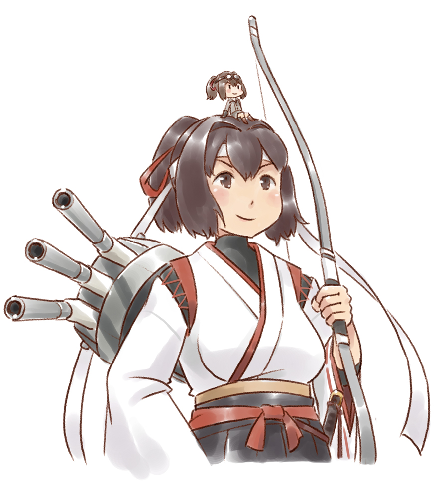 1girl bow_(weapon) brown_eyes brown_hair cannon fairy_(kantai_collection) hachimaki hair_ribbon headband holding holding_bow_(weapon) holding_weapon ise_(kantai_collection) kantai_collection karasu_(naoshow357) katana nontraditional_miko ponytail red_ribbon remodel_(kantai_collection) ribbon short_hair simple_background sitting skin_tight sword turret undershirt upper_body weapon white_background