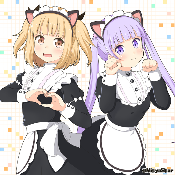 2girls alternate_costume animal_ears bangs blonde_hair blunt_bangs blush brown_eyes cat_ears claw_pose enmaided eyebrows_visible_through_hair fake_animal_ears iijima_yun long_hair looking_at_viewer maid maid_headdress miicha moe_moe_kyun! multiple_girls new_game! open_mouth purple_hair short_hair smile suzukaze_aoba twintails twitter_username two_side_up violet_eyes