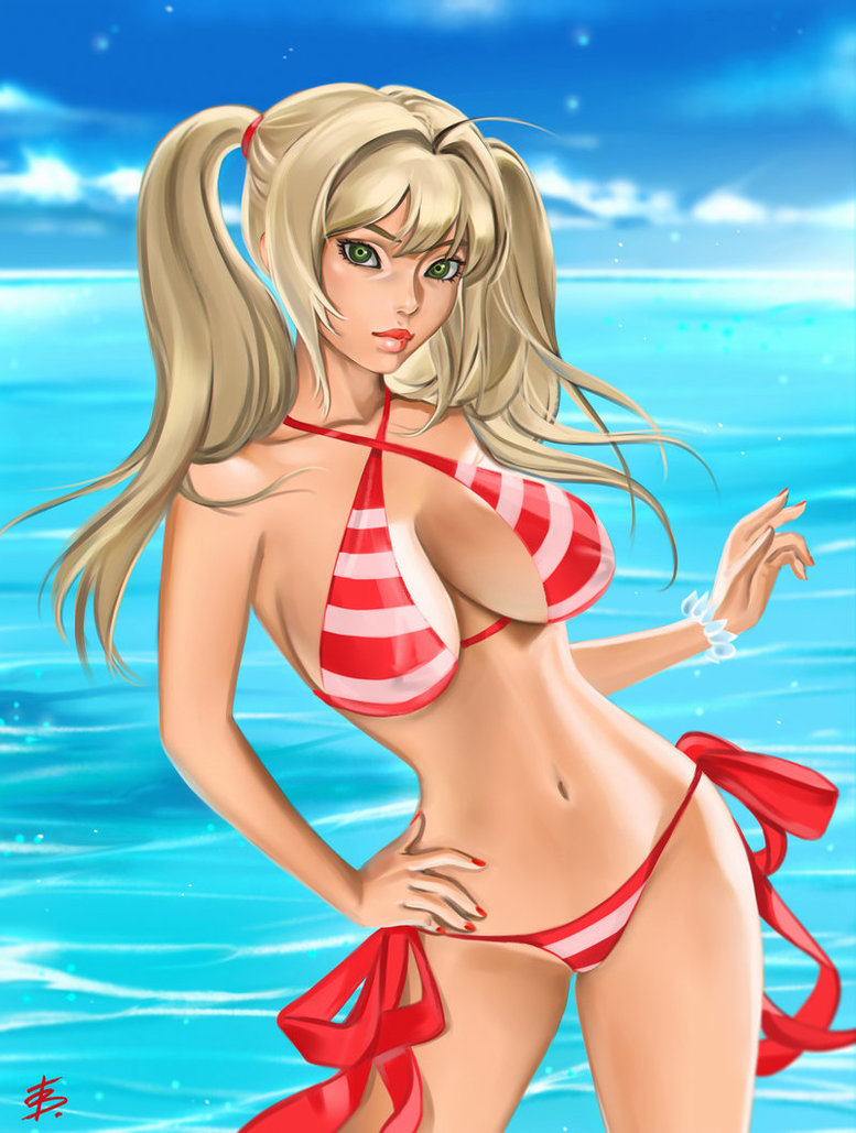 1girl ahoge bikini blonde_hair bracelet breasts cleavage clouds contrapposto erect_nipples fate/grand_order fate_(series) green_eyes hair_intakes halterneck hand_on_hip horizon jewelry large_breasts lips long_hair looking_at_viewer nail_polish navel nero_claudius_(swimsuit_caster)_(fate) red_nails side-tie_bikini sky solo standing swimsuit taiss14 twintails water