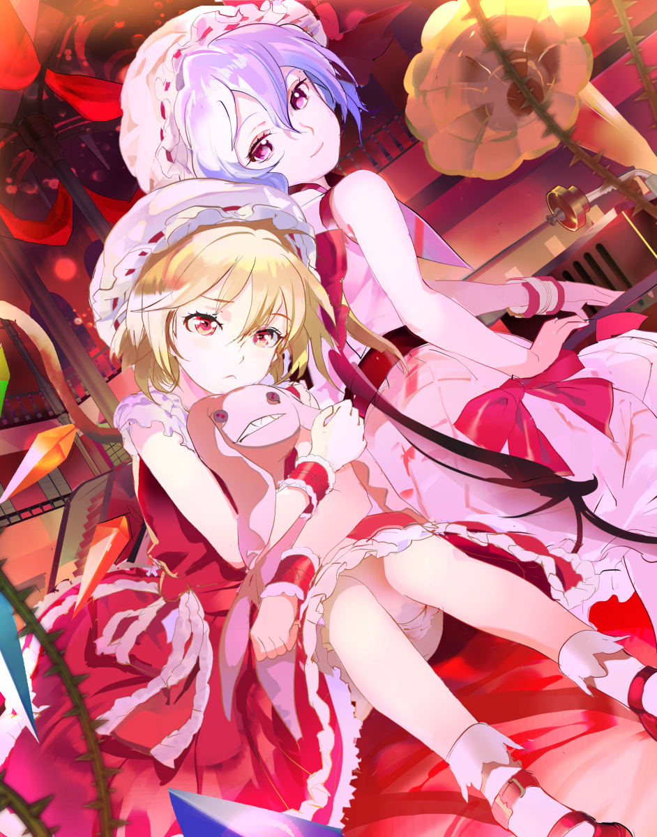 119 2girls :&lt; bare_arms blonde_hair commentary_request flandre_scarlet hair_between_eyes hat hat_ribbon highres indoors lavender_hair looking_at_viewer looking_back mob_cap multiple_girls object_hug phonograph pink_skirt red_eyes red_ribbon red_shoes red_skirt remilia_scarlet ribbon ribbon-trimmed_headwear ribbon_trim shoes siblings sisters sitting skirt sleeveless smile socks stairs stuffed_toy touhou white_hat white_legwear wrist_cuffs