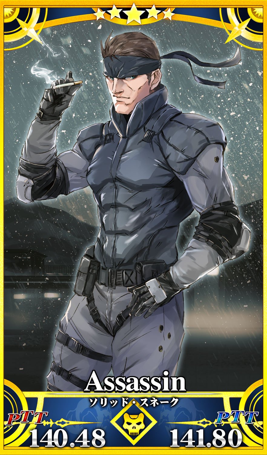 1boy armor bandanna card_(medium) cigarette fate/grand_order fate_(series) highres ikuyoan metal_gear_(series) metal_gear_solid snow solid_snake