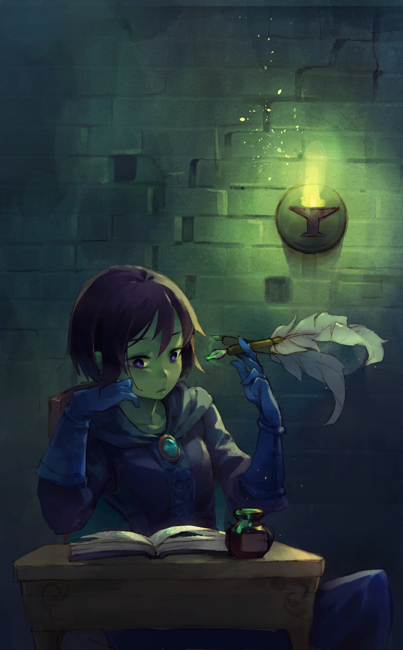 1girl black_hair blue_gloves book brooch cape chin_rest commentary desk eyebrows_visible_through_hair fire gloves green_fire green_skin highres inkwell jewelry mona_(shovel_knight) open_book quill short_hair shovel_knight sitting solo spinning violet_eyes zeni