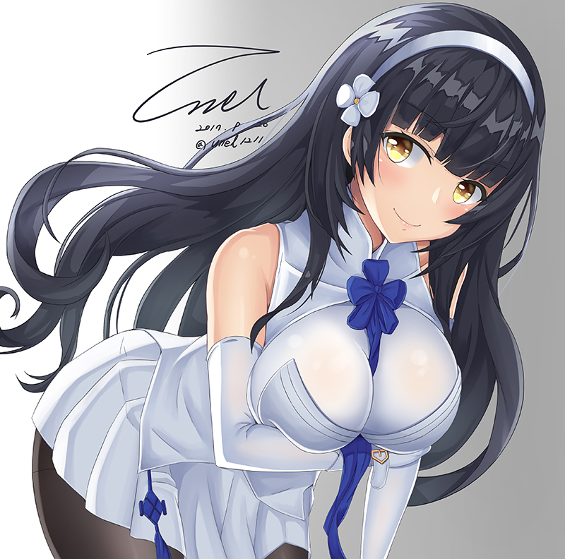 1girl bangs black_hair black_legwear blunt_bangs blush breasts cowboy_shot elbow_gloves flower girls_frontline gloves hair_flower hair_ornament hairband large_breasts leaning_forward long_hair looking_at_viewer pantyhose qbz-95_(girls_frontline) shirt skirt skirt_set smile solo unel1211 very_long_hair white_gloves white_hairband white_shirt white_skirt yellow_eyes