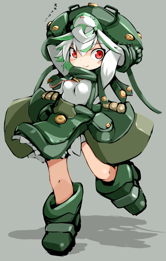 1girl animal animal_on_head arms_up boots commentary_request full_body gloves green_hair grey_background hat karukan_(monjya) looking_at_viewer made_in_abyss meinya_(made_in_abyss) multicolored_hair on_head prushka red_eyes shadow smile standing standing_on_one_leg two-tone_hair white_hair