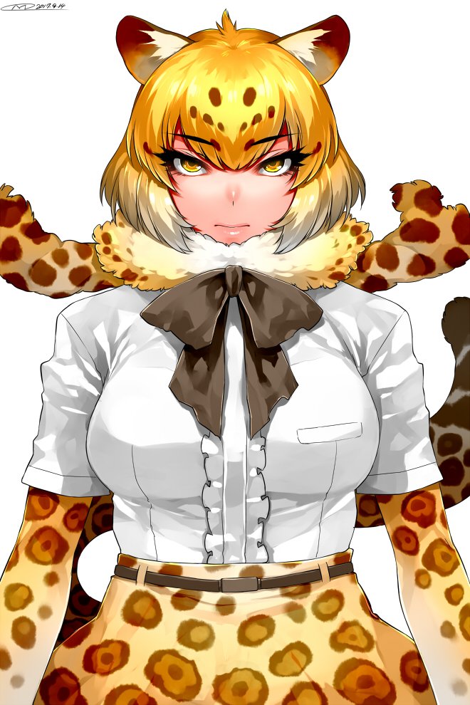 &gt;:| 1girl 2017 ahoge belt blonde_hair bow bowtie breast_pocket brown_bow brown_neckwear dated eyebrows_visible_through_hair frilled_shirt frills fur_collar happa_(cloverppd) jaguar_(kemono_friends) jaguar_ears jaguar_print jaguar_tail kemono_friends looking_at_viewer pocket print_skirt shirt short_hair short_sleeves signature simple_background skirt solo white_background white_shirt yellow_eyes