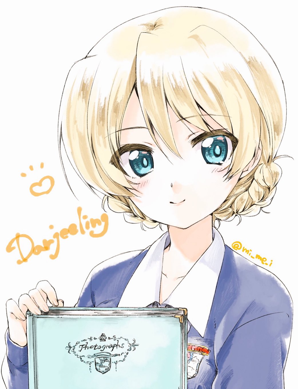 1girl bangs blonde_hair blue_eyes blue_sweater book braid character_name closed_mouth commentary_request darjeeling dress_shirt emblem english eyebrows_visible_through_hair girls_und_panzer highres kuroi_mimei long_sleeves looking_at_viewer photo_album portrait school_uniform shirt short_hair simple_background smile solo st._gloriana's_(emblem) st._gloriana's_school_uniform sweater tied_hair twin_braids twitter_username v-neck white_background white_shirt