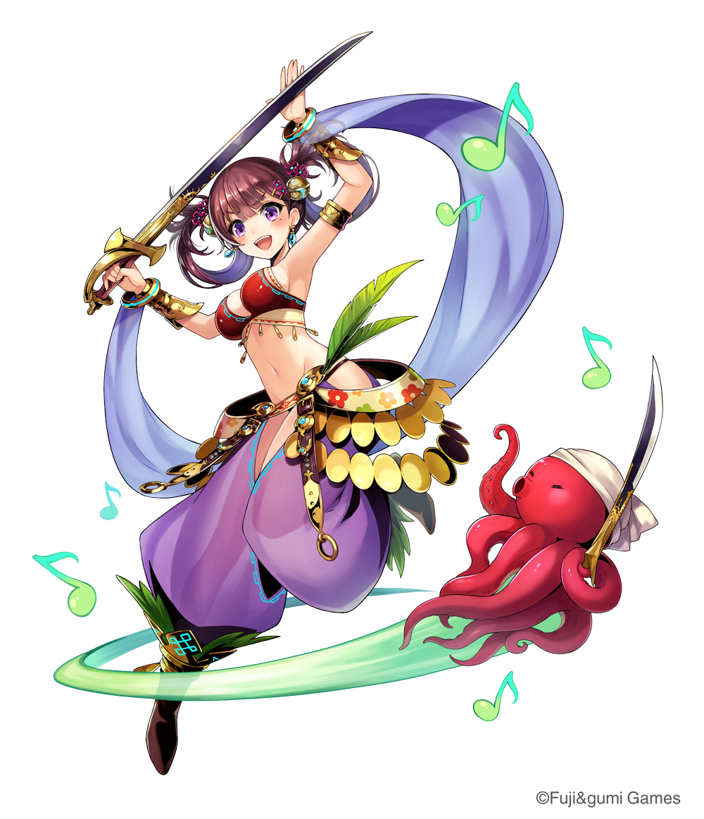 1girl armlet arms_up bell bracer copyright dancer_(sekaiju) full_body hair_bell hair_ornament harem_outfit harem_pants holding holding_sword holding_weapon long_hair looking_at_viewer musical_note octopus official_art open_mouth pants redhead sekaiju_no_meikyuu simple_background solo sword violet_eyes weapon white_background