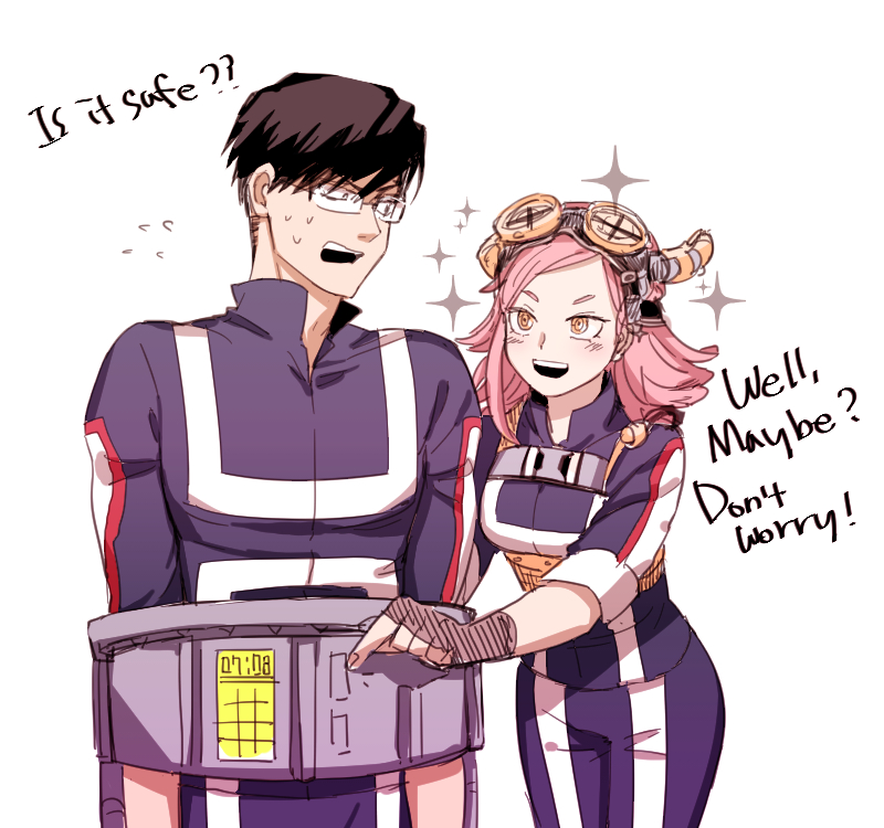 ! 1boy 1girl ? ?? blue_hair blush boku_no_hero_academia english fingerless_gloves glasses gloves goggles goggles_on_head hatsume_mei iida_tenya jacket pants pink_hair restrained saran simple_background smile sparkle sweat text track_jacket track_pants white_background yellow_eyes