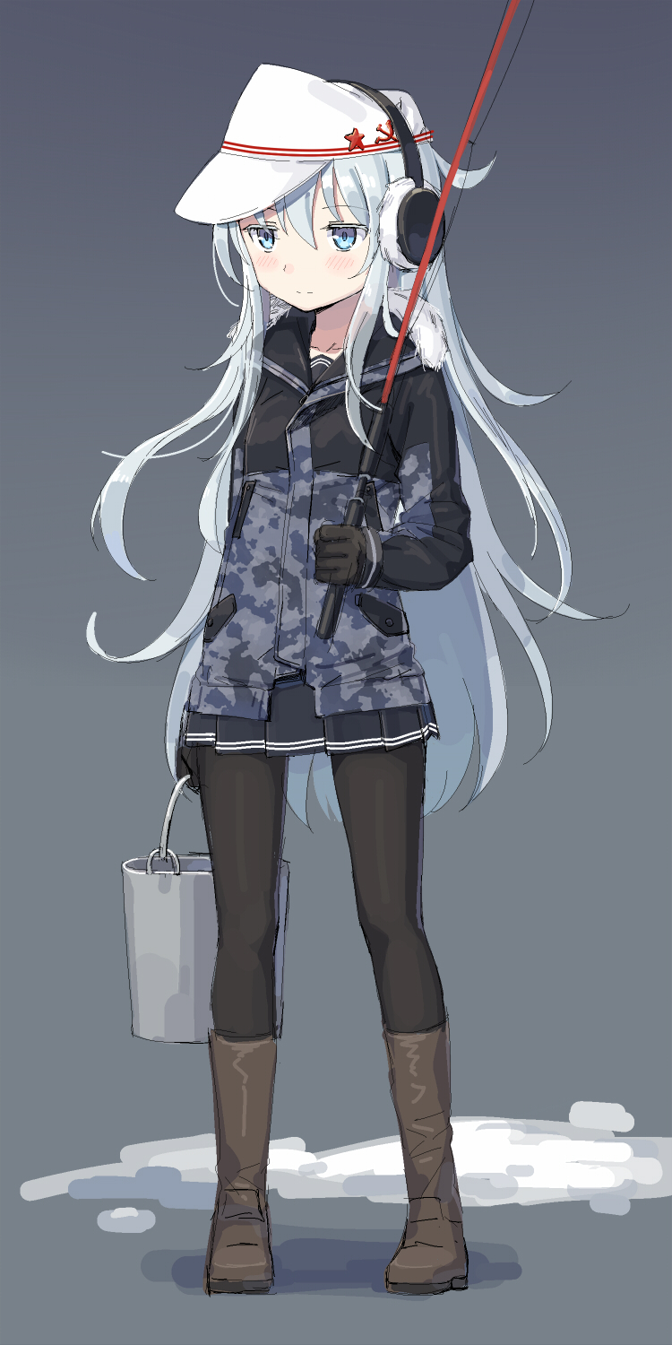 1girl alternate_costume black_gloves black_legwear black_skirt blue_eyes blush cnm earmuffs fishing_rod gloves grey_background hair_between_eyes hammer_and_sickle hat hibiki_(kantai_collection) highres kantai_collection light_smile long_hair long_sleeves pantyhose pleated_skirt silver_hair simple_background skirt solo verniy_(kantai_collection) white_hat