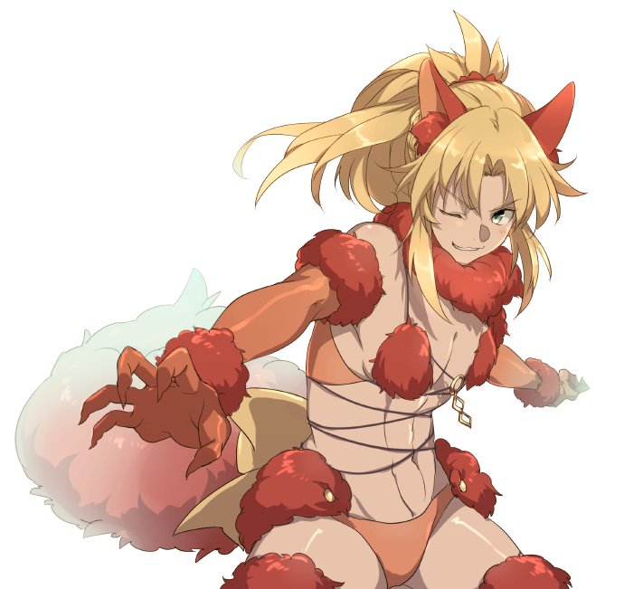 1girl animal_ears bare_shoulders blonde_hair braid breasts cis05 commentary_request cosplay dangerous_beast dangerous_beast_(cosplay) elbow_gloves eyebrows_visible_through_hair fate/apocrypha fate/grand_order fate_(series) french_braid fur_trim gloves green_eyes hair_ornament hair_scrunchie halloween_costume long_hair looking_at_viewer navel no_bra one_eye_closed panties red_panties saber_of_red scrunchie simple_background small_breasts solo standing tail thigh-highs type-moon underwear white_background wolf_ears wolf_tail