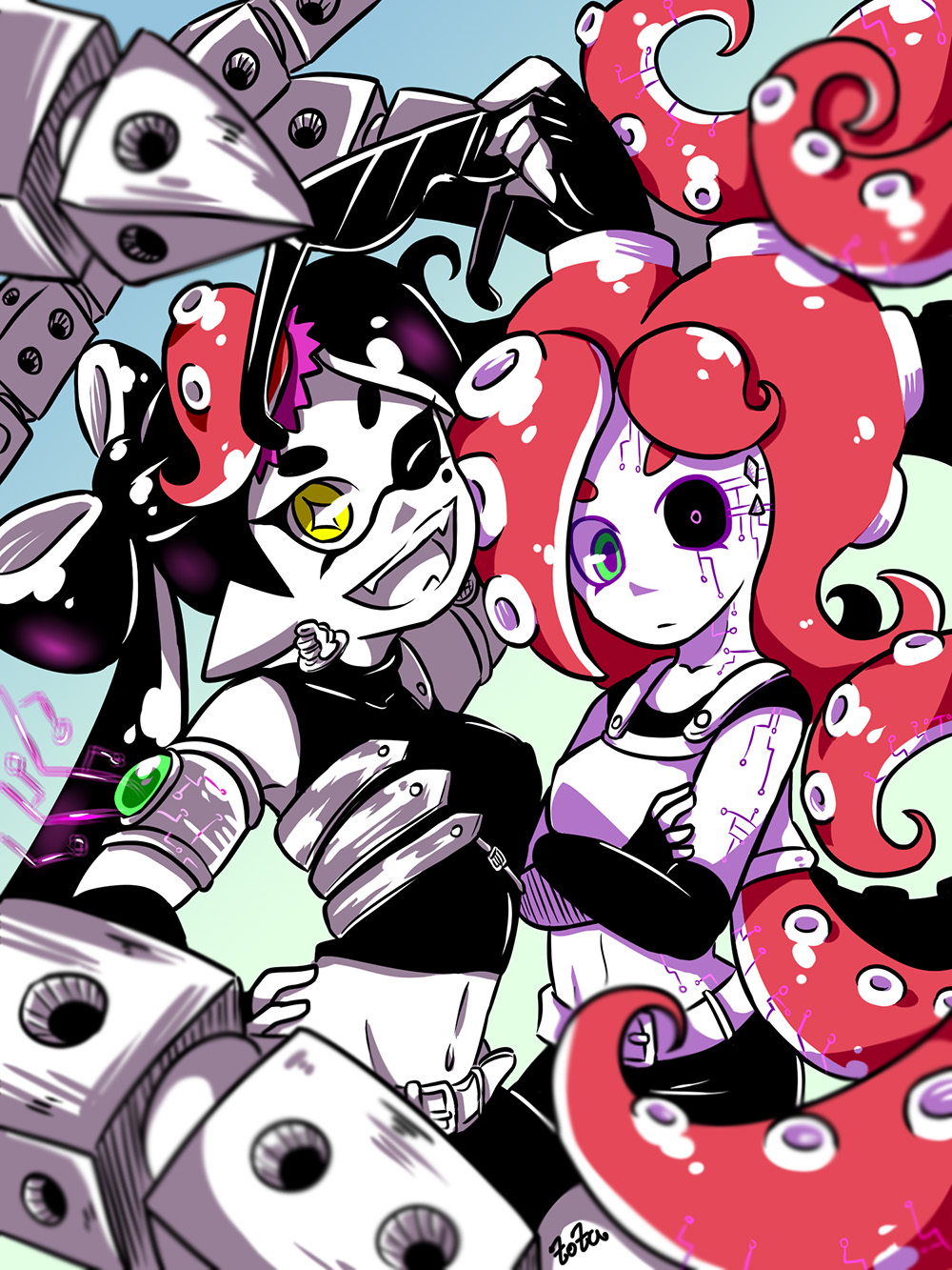 +_+ 2girls ;d aori_(splatoon) arm_up armband armor artist_name belt bike_shorts black_hair black_sclera blue_background blurry blurry_foreground cosplay crossed_arms depth_of_field domino_mask earrings elbow_gloves fangs fingerless_gloves food food_on_head gloves green_eyes hand_on_hip head_tilt heterochromia highres holding jewelry long_hair looking_at_viewer mask mechanical_tentacles midriff mole mole_under_eye multiple_girls navel object_on_head one_eye_closed open_mouth pancake pancake_(zoza) partially_colored pointy_ears redhead shirt signature sleeveless sleeveless_shirt smile splatoon splatoon_2 standing sunglasses sushi takozonesu takozonesu_(cosplay) tattoo tentacle_hair upper_body very_long_hair yellow_eyes zoza