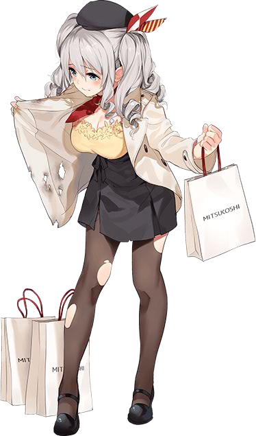 10s 1girl alternate_costume beret black_hat black_legwear black_miniskirt blue_eyes breasts hat jacket kantai_collection kashima_(kantai_collection) large_breasts long_hair long_sleeves miniskirt mitsukoshi_(department_store) neckerchief official_art paseri red_neckerchief silver_hair skirt solo torn_clothes tsurime twintails two_side_up wavy_hair white_jacket
