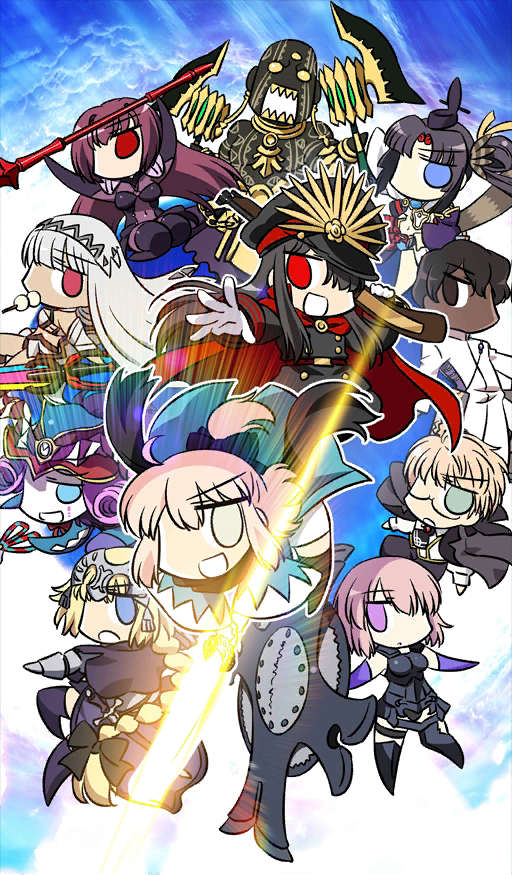 4boys 6+girls altera_(fate) arjuna_(fate/grand_order) berserker_(fate/prototype_fragments) black_bow black_hair black_hat blonde_hair blue_eyes blue_sky bow brown_eyes cape chibi clouds dango darius_iii_(fate/grand_order) dark_skin demon_archer fate/grand_order fate_(series) food glasses green_eyes grey_eyes hair_bow hat keikenchi long_braid mephistopheles_(fate/grand_order) mouth_hold multiple_boys multiple_girls navel official_art open_mouth peaked_cap pink_hair red_eyes ruler_(fate/apocrypha) sakura_saber scathach_(fate/grand_order) sharp_teeth shielder_(fate/grand_order) shinsengumi sky teeth ushiwakamaru_(fate/grand_order) veil violet_eyes wagashi yellow_eyes yellow_teeth