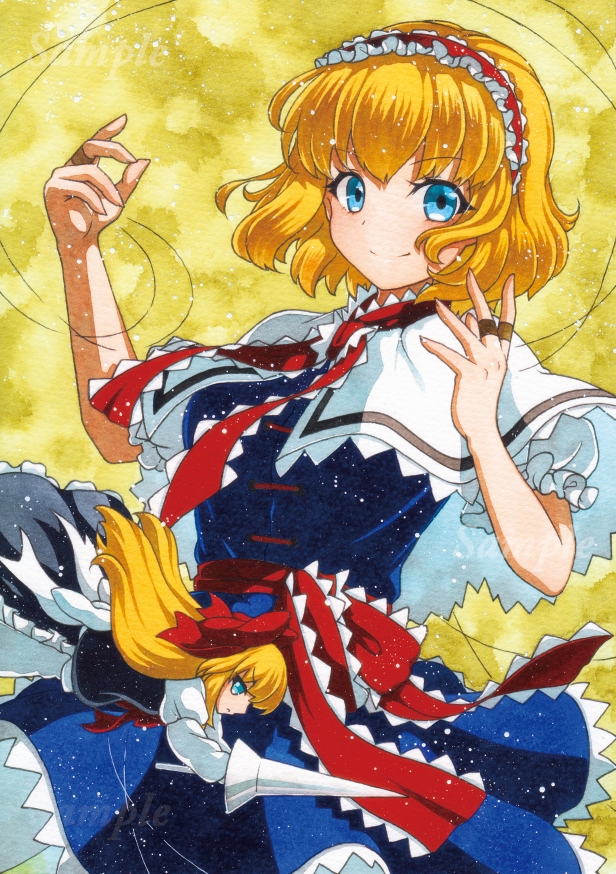 2girls alice_margatroid arm_up bangs blonde_hair blue_eyes bow capelet closed_mouth eyebrows_visible_through_hair hair_bow hairband holding holding_weapon juliet_sleeves lance long_hair long_sleeves looking_at_viewer multiple_girls polearm puffy_sleeves qqqrinkappp red_bow sample shanghai_doll short_hair short_sleeves smile touhou traditional_media weapon yellow_background