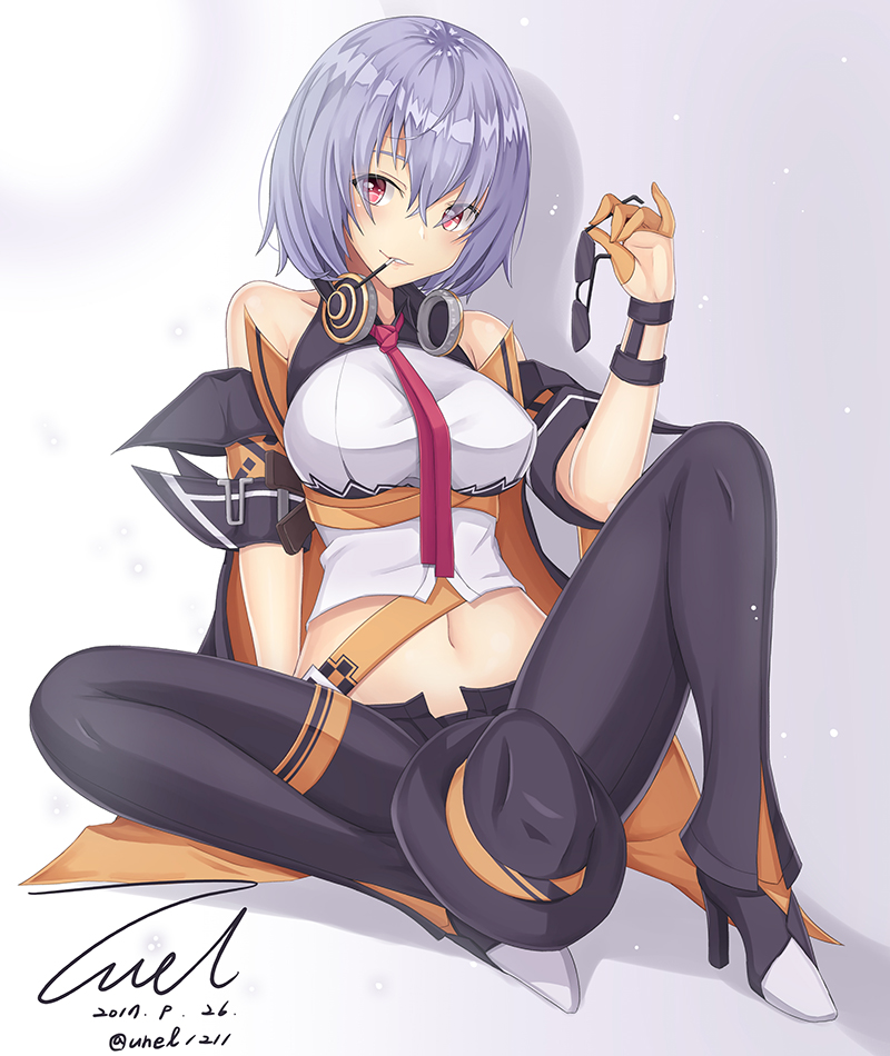 1girl arm_support bangs bare_shoulders blush breasts full_body girls_frontline grey_hair hat hat_removed headphones headphones_around_neck headwear_removed leggings looking_at_viewer medium_breasts mouth_hold navel necktie parted_lips red_eyes red_necktie shirt sitting sleeveless sleeveless_shirt smile solo spread_legs stomach sunglasses sunglasses_removed thompson_submachine_gun_(girls_frontline) unel1211 white_shirt