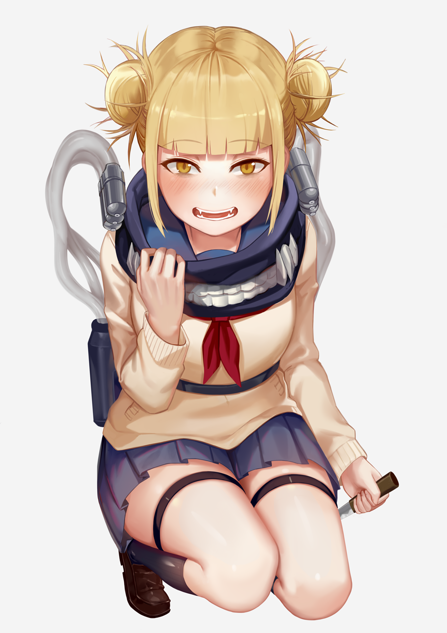 1girl bangs blonde_hair blunt_bangs blush boku_no_hero_academia double_bun eyebrows_visible_through_hair fangs full_body grey_background highres holding holding_weapon knife leg_strap loafers long_sleeves looking_at_viewer messy_hair neckerchief nose_blush open_mouth pleated_skirt scarf school_uniform shoes short_hair shoutai_(7490773) simple_background skirt smile socks solo squatting sweater teeth toga_himiko weapon yellow_eyes