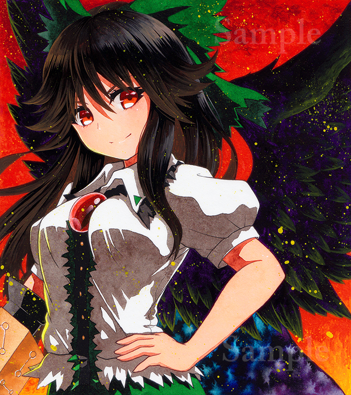 &gt;:) 1girl bangs black_hair bow breasts control_rod eyebrows_visible_through_hair feathered_wings green_bow hair_between_eyes hair_bow hand_on_hip long_hair looking_at_viewer medium_breasts qqqrinkappp red_eyes reiuji_utsuho sample short_sleeves sidelocks smile solo third_eye touhou traditional_media upper_body watermark wings