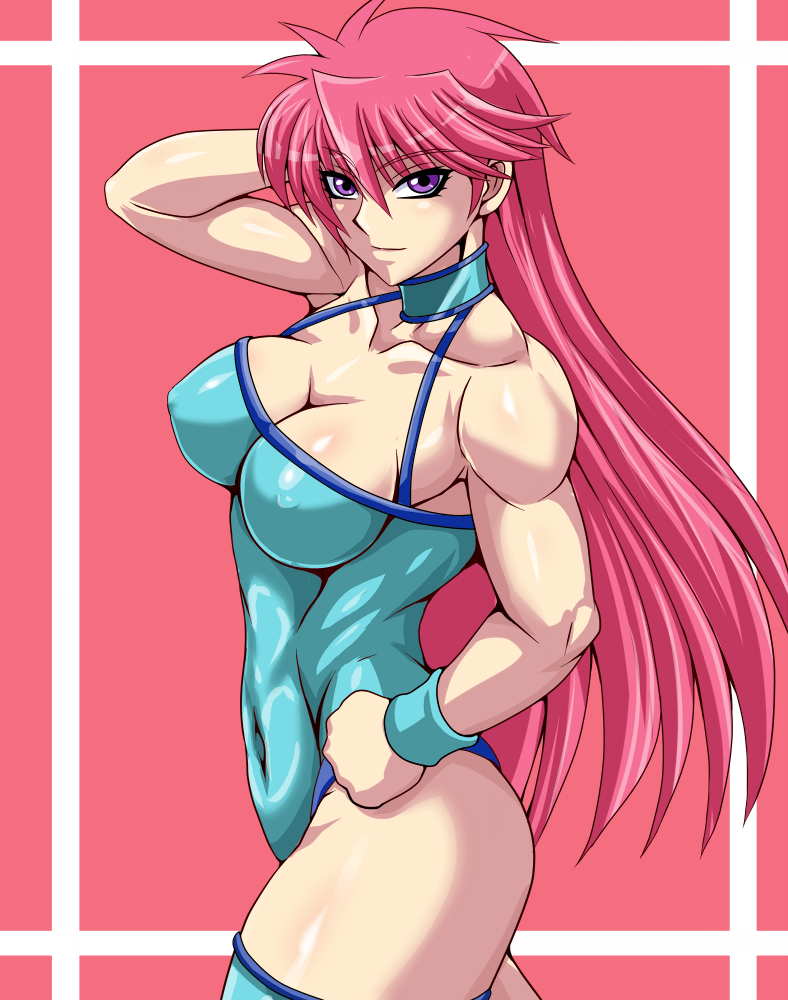 1girl aqua_choker aqua_legwear aqua_leotard arm_up bare_shoulders boots breasts choker cleavage clenched_hand closed_mouth collarbone covered_navel erect_nipples eyebrows_visible_through_hair female hair_between_eyes hand_on_hip highres large_breasts leotard long_hair looking_at_viewer mighty_yukiko muscle muscular_female neck pink_background pink_hair skin_tight smile solo standing taroimo_(00120014) thigh-highs violet_eyes wrestle_angels wrestle_angels_survivor wrestling_outfit wristband