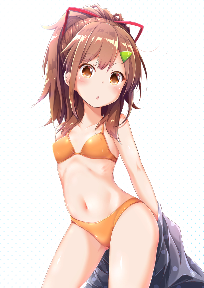 1girl bikini brown_eyes brown_hair contrapposto cowboy_shot flat_chest hair_ribbon high_school_fleet irizaki_mei long_hair navel orange_bikini pirason ponytail red_ribbon ribbon simple_background solo standing swimsuit white_background