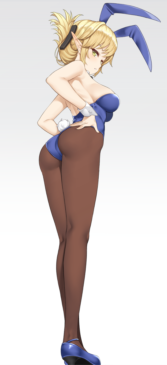 10s 1girl aegis_(takunomi) animal_ears ass bangs bare_arms bare_shoulders blonde_hair blue_footwear blue_leotard breasts brown_legwear bunny_girl bunny_tail bunnysuit crossed_arms detached_collar elf fake_animal_ears from_behind full_body gradient gradient_background grey_background hand_on_hip highleg highleg_leotard highres leotard looking_at_viewer looking_back medium_breasts original pantyhose pointy_ears rabbit_ears shiny shiny_hair shoes sideboob solo standing tail takunomi white_background wrist_cuffs yellow_eyes