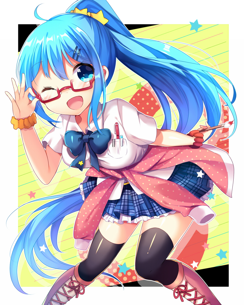 1girl ;d absurdly_long_hair art_brush black_legwear blue_bow blue_eyes blue_hair blue_neckwear blue_skirt blush boots bow bowtie breast_pocket breasts cardigan_around_waist collared_shirt commentary_request cross-laced_footwear eyebrows_visible_through_hair frilled_skirt frills glasses hair_between_eyes hair_ornament hairclip hand_on_glasses high_ponytail holding_paintbrush ikari_(aor3507) knee_boots lace-up_boots leaning_forward long_hair looking_at_viewer medium_breasts one_eye_closed open_mouth original paintbrush pen_in_pocket pink_boots pink_cardigan plaid plaid_skirt pleated_skirt pocket polka_dot red-framed_eyewear red_scrunchie school_uniform scrunchie shirt short_sleeves sidelocks skirt smile solo standing star star_hair_ornament thigh-highs very_long_hair white_shirt wrist_scrunchie x-ray yellow_scrunchie