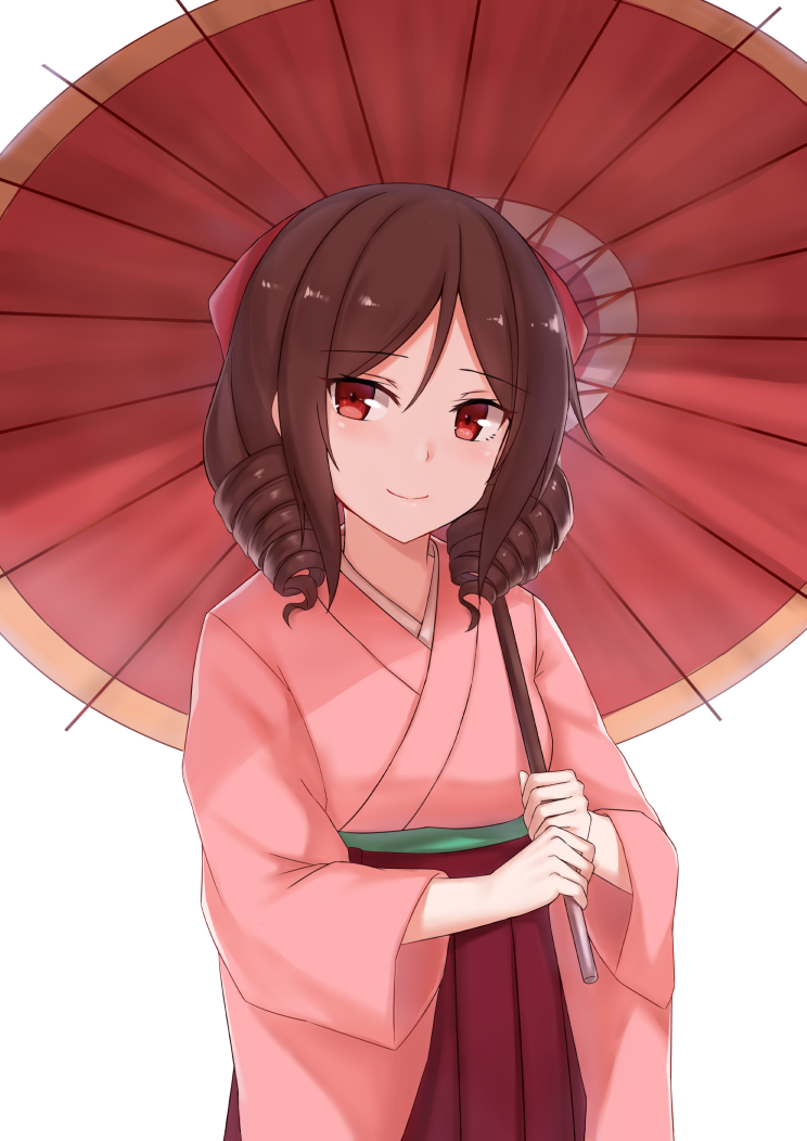 10s 1girl blush brown_hair cai_geng closed_mouth drill_hair eyebrows_visible_through_hair hair_ornament hakama harukaze_(kantai_collection) holding holding_umbrella japanese_clothes kantai_collection kimono long_sleeves looking_at_viewer over_shoulder parasol parted_lips pink_kimono red_hakama red_umbrella short_hair simple_background smile solo twin_drills umbrella upper_body white_background wide_sleeves