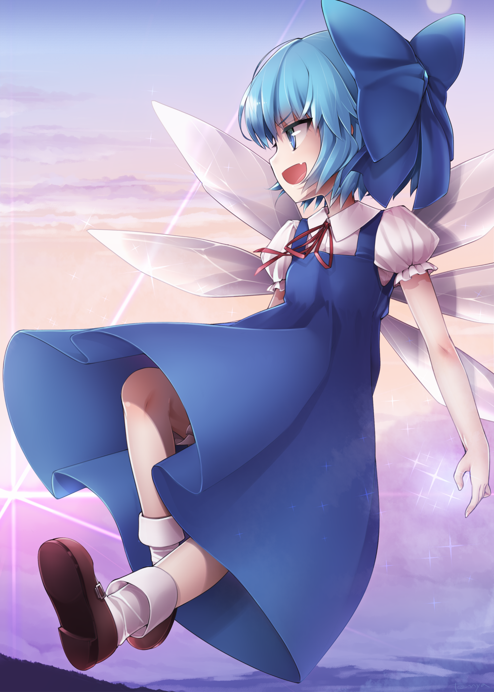 &gt;:d 1girl :d bangs bare_arms blue_dress blue_eyes blue_hair blue_ribbon brown_footwear cirno clouds cloudy_sky collared_shirt commentary_request dress eyebrows_visible_through_hair fairy_wings fang flying full_body gradient_sky hair_ribbon highres mountain neck_ribbon open_mouth puffy_short_sleeves puffy_sleeves ribbon shirt shoes short_hair short_sleeves sky smile socks solo sunlight tanyatonya touhou white_legwear white_shirt wings