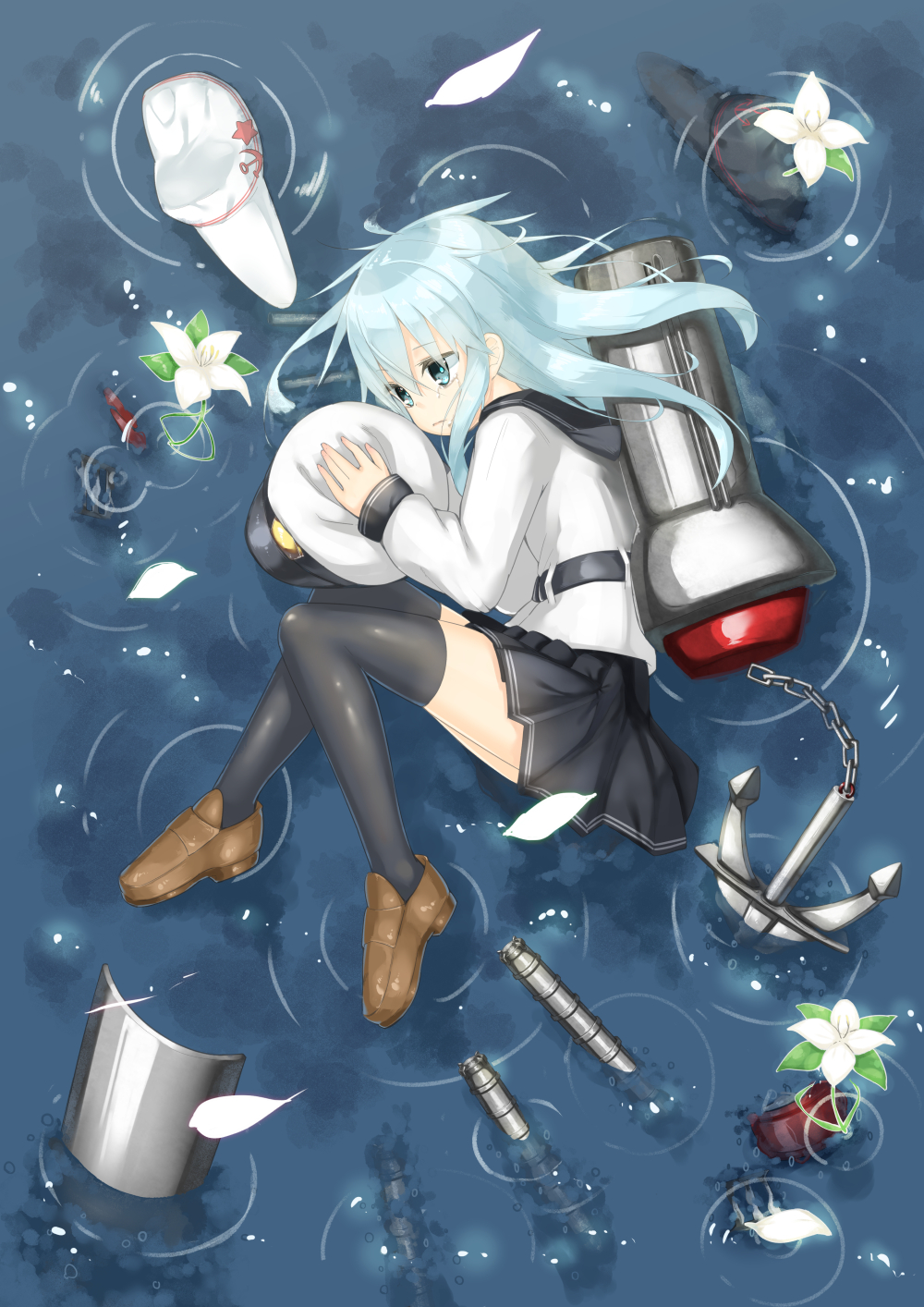 1girl anchor aruma_(sawayaka_tokuko_miruku) black_legwear black_skirt blue_eyes blue_hair brown_footwear commentary_request crying crying_with_eyes_open eyebrows_visible_through_hair flat_cap flower hair_between_eyes hammer_and_sickle hat hat_removed headwear_removed hibiki_(kantai_collection) highres holding holding_hat kantai_collection loafers long_hair long_sleeves looking_away lying machinery ocean on_liquid on_side peaked_cap petals pleated_skirt remodel_(kantai_collection) school_uniform serafuku shirt shoes skirt solo tears thigh-highs torpedo_tubes verniy_(kantai_collection) white_hat white_shirt