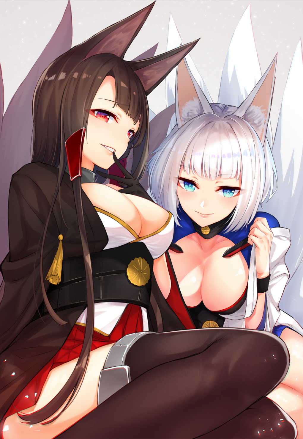2girls akagi_(azur_lane) animal_ears anza_tomo azur_lane black_gloves black_hair black_legwear blue_eyes breasts cleavage cleavage_cutout closed_mouth eyelashes finger_to_mouth fox_ears fox_tail gloves highres kaga_(azur_lane) large_breasts leaning_forward lips looking_at_viewer multiple_girls multiple_tails off_shoulder parted_lips red_eyes short_hair sidelocks sitting skirt smile tail thigh-highs white_hair wristband