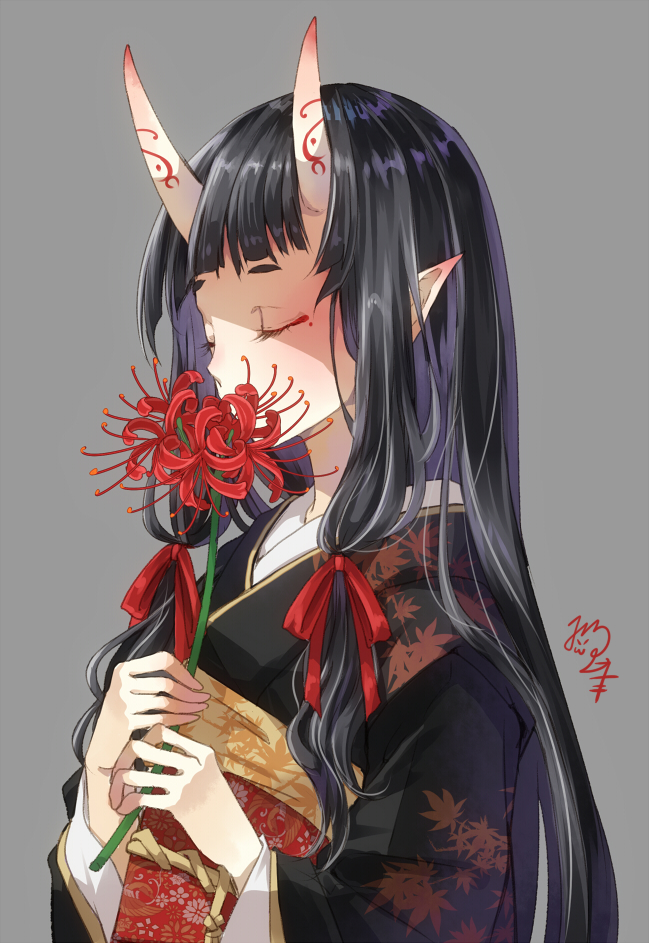 1girl bangs black_kimono blood bloody_tears blunt_bangs blush closed_eyes flower grey_background hair_ribbon holding holding_flower horns japanese_clothes kimono leaf_print nekozuki_yuki obi oni oni_horns original pointy_ears red_flower red_ribbon ribbon sash sidelocks signature simple_background smelling spider_lily tearing_up tears tress_ribbon upper_body