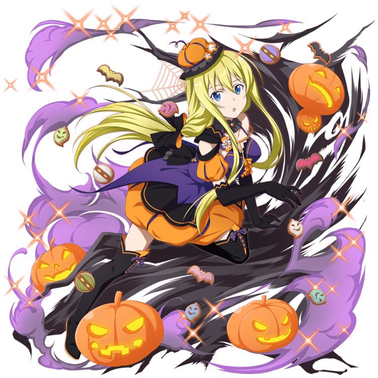 1girl alice_schuberg black_footwear black_gloves black_legwear blonde_hair blue_eyes boots elbow_gloves eyebrows_visible_through_hair floating_hair gloves halloween halloween_costume long_hair open_mouth pumpkin simple_background solo sword_art_online thigh-highs thigh_boots very_long_hair white_background