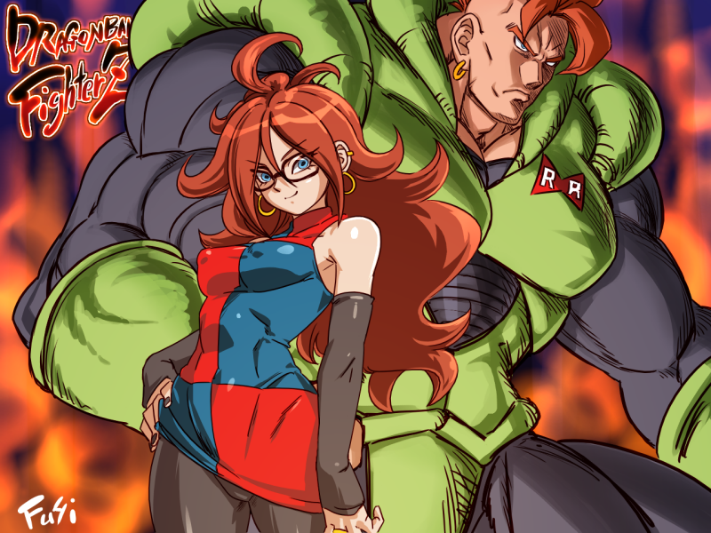 1boy 1girl android android_16 android_21 arm_warmers bare_shoulders black_legwear bodysuit breasts curvy dragon_ball dragon_ball_fighterz dragonball_z dress earrings erect_nipples eyebrows female fire frown fushisha_o glasses hand_on_hip hoop_earrings jewelry long_hair looking_at_viewer multicolored multicolored_clothes multicolored_dress muscle nail_polish pantyhose redhead shiny sleeveless sleeveless_dress smile