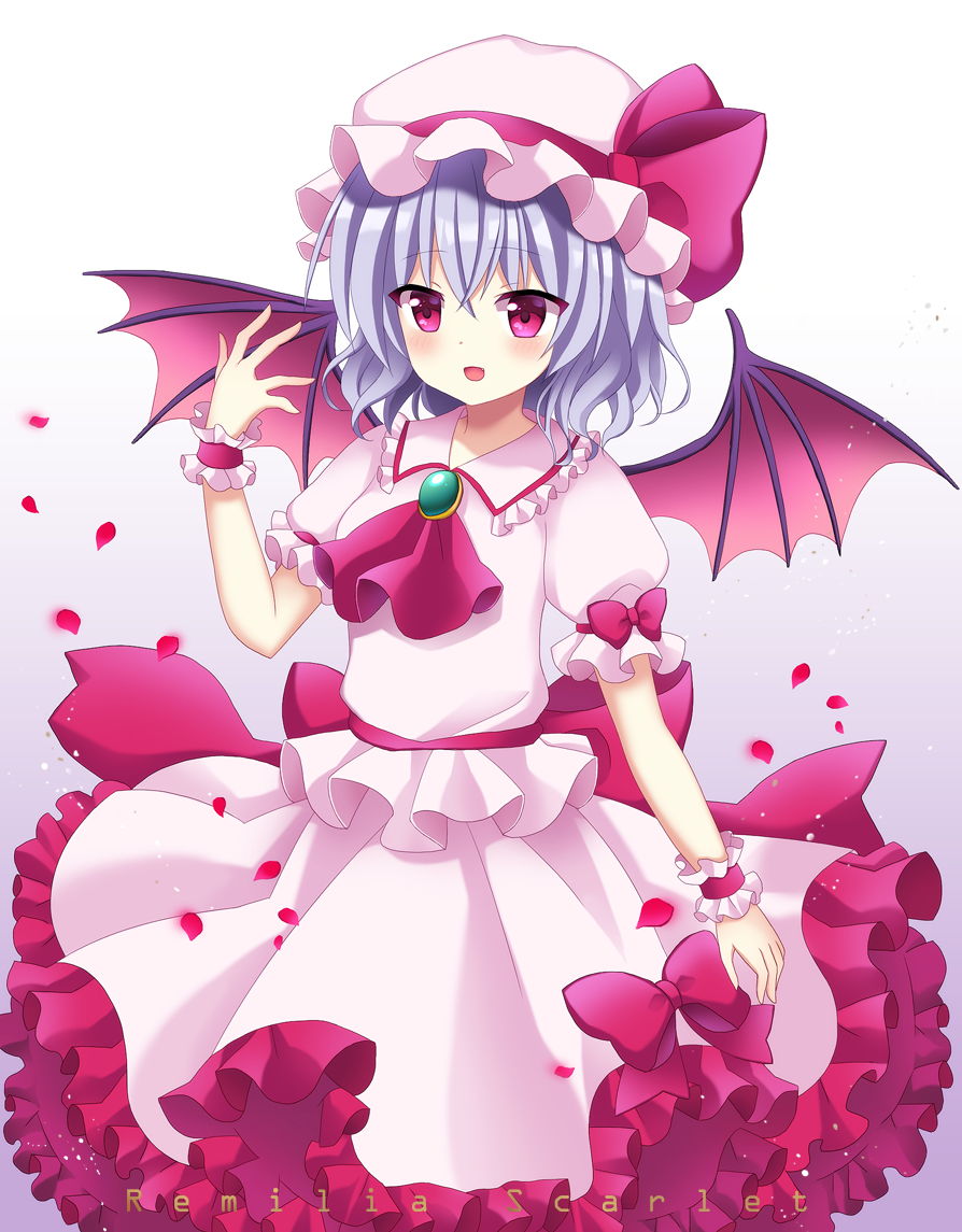 1girl bat_wings blue_hair blush character_name gradient gradient_background hat mayo_(miyusa) open_mouth petals pink_eyes puffy_short_sleeves puffy_sleeves remilia_scarlet short_hair short_sleeves skirt smile solo touhou wings wrist_cuffs