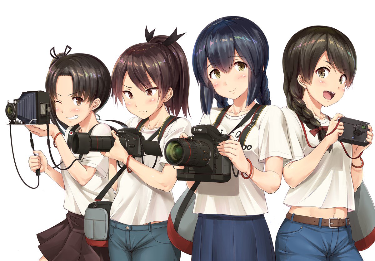 10s 4girls :d ayanami_(kantai_collection) bag black_hair bracelet braid breasts brown_hair camera casual closed_mouth contemporary crop_top denim grin hair_over_shoulder hair_ribbon ichikawa_feesu isonami_(kantai_collection) jeans jewelry kantai_collection long_hair looking_at_viewer midriff multiple_girls navel one_eye_closed open_mouth pants ribbon shikinami_(kantai_collection) shirt shoulder_bag side_ponytail simple_background single_braid skirt small_breasts smile sweatdrop t-shirt twin_braids uranami_(kantai_collection) white_background yellow_eyes