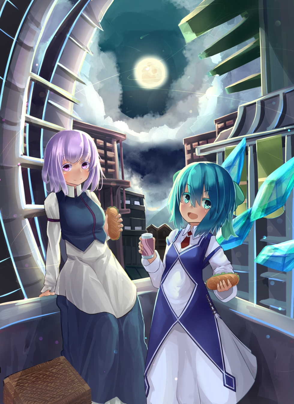 2girls :d adapted_costume bangs blouse blue_eyes blue_hair blue_skirt blue_vest blush building cirno cowboy_shot dress food full_moon hair_between_eyes highres ice ice_wings lavender_hair letty_whiterock looking_at_viewer moon moonlight multiple_girls natori_youkai night open_mouth pink_eyes sandwich skirt smile touhou vest white_blouse white_dress wings