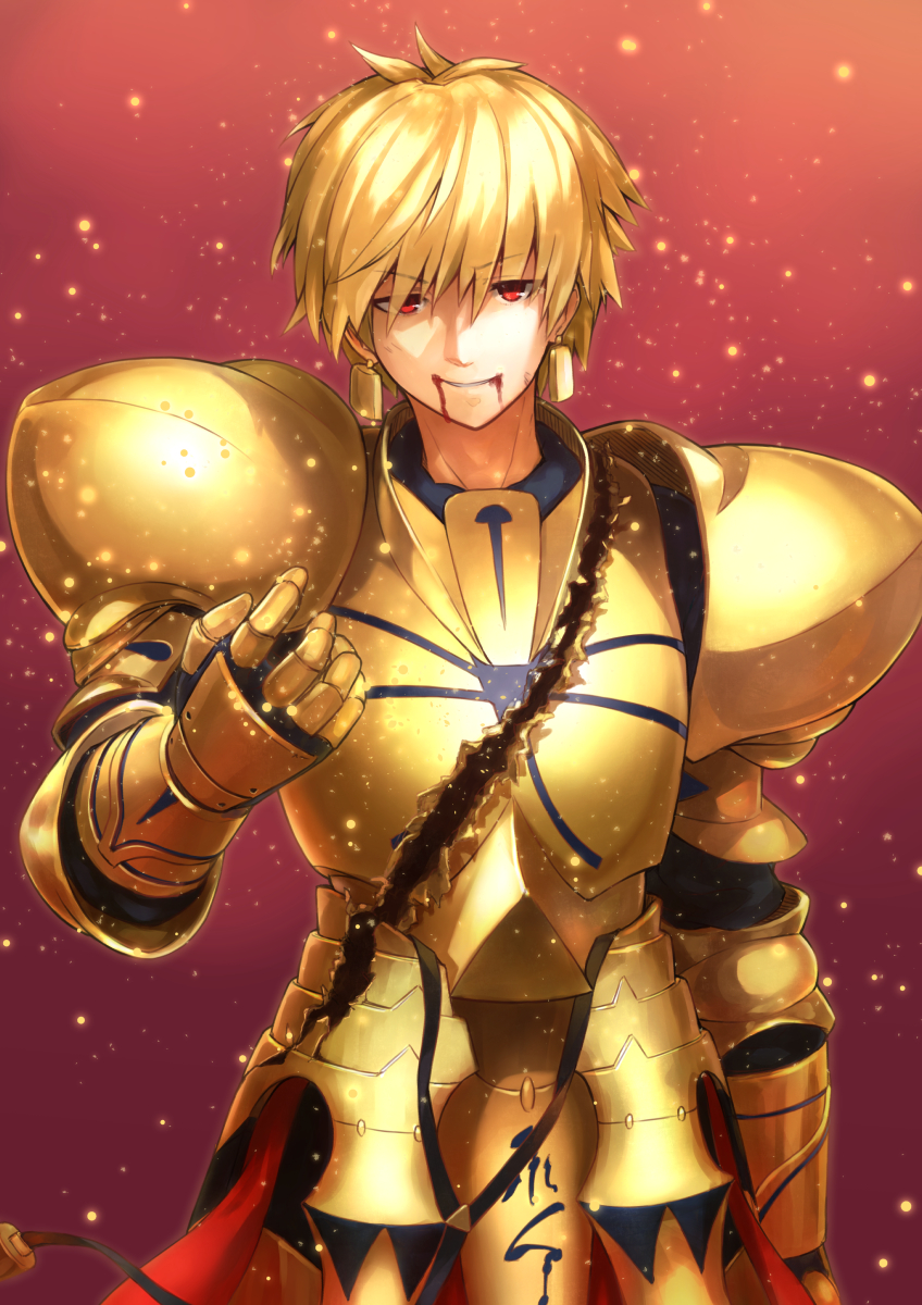 1boy arm_at_side armor bangs black_gloves blonde_hair blood blood_from_mouth breastplate broken_armor commentary_request earrings eyebrows_visible_through_hair fate/stay_night fate_(series) faulds gauntlets gilgamesh gloves gradient gradient_background hair_between_eyes hand_up highres hyp injury jewelry light_particles long_sleeves looking_at_viewer male_focus parted_lips pauldrons red_background red_eyes smile standing yellow_armor