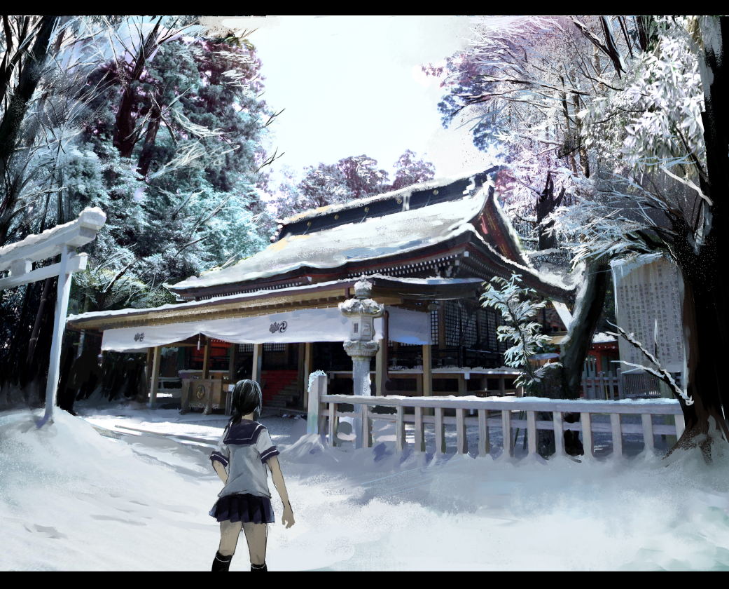 1girl black_hair black_legwear blue_skirt box commentary donation_box fence fubuki_(kantai_collection) kantai_collection ken_sogen kneehighs letterboxed looking_back pleated_skirt scenery shinto short_ponytail short_sleeves shrine sign skirt snow stairs stone_lantern temple torii tree winter