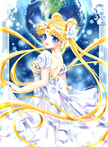 1girl :d bishoujo_senshi_sailor_moon blonde_hair blue_eyes dress earrings eyebrows_visible_though_hair floating_hair from_behind jewelry long_hair looking_at_viewer looking_back lowres open_mouth princess_serenity sailor_moon shirataki_kaiseki signature skirt_hold sleeveless sleeveless_dress smile solo standing twintails very_long_hair white_dress