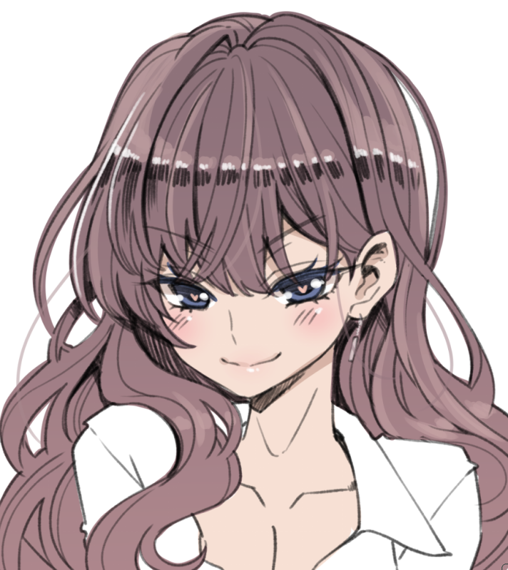 1girl blue_eyes blush breasts brown_hair cleavage closed_mouth collarbone earrings hanauna heart heart-shaped_pupils ichinose_shiki idolmaster idolmaster_cinderella_girls jewelry lips long_hair looking_at_viewer shirt simple_background sketch smile solo symbol-shaped_pupils upper_body wavy_hair white_background white_shirt