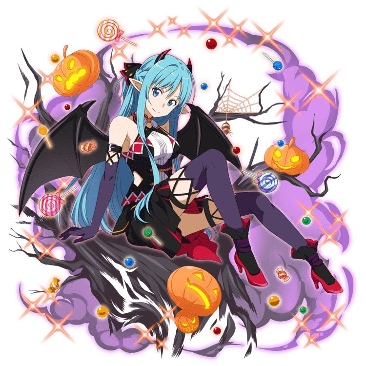1girl asuna_(sao-alo) black_ribbon black_skirt black_wings blue_eyes blue_hair demon_wings elbow_gloves gloves hair_ribbon halloween halloween_costume high_heels horns long_hair looking_at_viewer miniskirt pointy_ears pumpkin purple_gloves red_shoes ribbon shoes simple_background sitting skirt smile solo sword_art_online thigh-highs very_long_hair white_background wings
