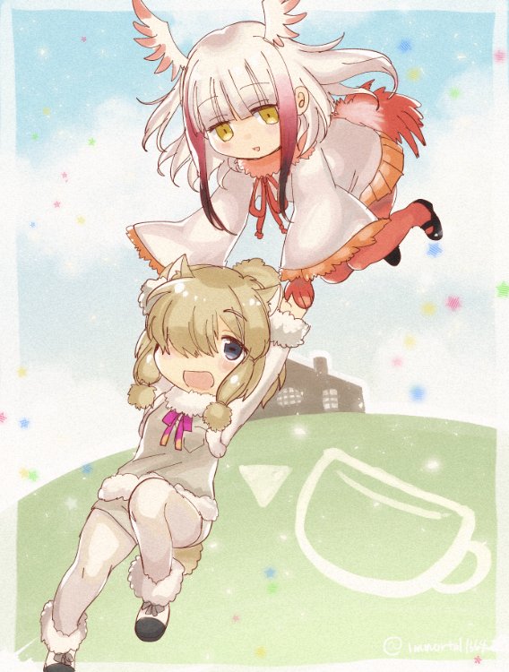 2girls :d alpaca_ears alpaca_suri_(kemono_friends) animal_ears bangs bird_tail bird_wings black_eyes black_footwear black_hair blonde_hair blue_sky blunt_bangs blush boots breasts building carrying cup day empty_eyes eyebrows_visible_through_hair feather_trim feathered_wings floating_hair flying full_body fur_collar fur_trim gloves gradient_hair grey_ribbon grey_vest hair_bun hair_over_one_eye hand_holding horizontal_pupils japanese_crested_ibis_(kemono_friends) kemono_friends leg_up long_hair long_sleeves looking_at_another looking_down mary_janes miniskirt multicolored multicolored_hair multicolored_wings multiple_girls narita_imomushi no_nose open_mouth orange_skirt outdoors pantyhose pink_ribbon pleated_skirt pocket raised_eyebrows red_gloves red_legwear red_ribbon red_wings redhead ribbon shoes short_hair shorts sidelocks skirt sky small_breasts smile star tail twitter_username vest white_border white_hair white_legwear white_shorts white_wings wide_sleeves wings yellow_eyes