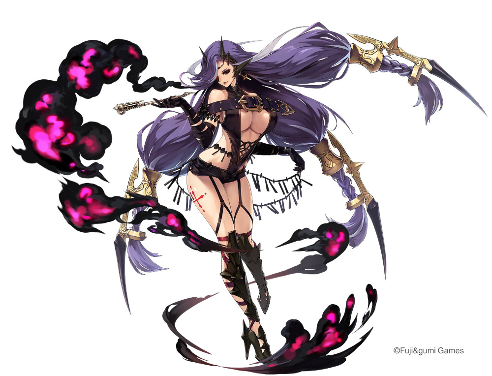 arm_ribbon armband bare_shoulders black_sclera breasts chest_belt company_name dare_ga_tame_no_alchemist demon_horns earrings fear_(dare_ga_tame_no_alchemist) garter_straps gloves glowing glowing_eyes glowing_smoke greaves high_heels holding holding_pipe horns jewelry large_breasts leg_tattoo official_art pipe purple_hair revealing_clothes ribbon seductive_smile smile smoke smoking stiletto_heels tattoo tri_braids