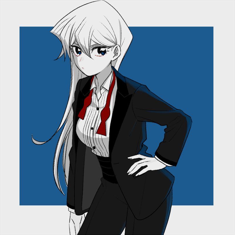 1girl black_jacket black_pants blue_background blue_eyes border bow bowtie breasts cowboy_shot formal grey_border hair_between_eyes hand_on_hip jacket large_breasts limited_palette long_hair long_sleeves nns146 pants red_neckwear solo tenjouin_asuka tuxedo tuxedo_jacket tuxedo_shirt untied very_long_hair yu-gi-oh! yuu-gi-ou yuu-gi-ou_gx