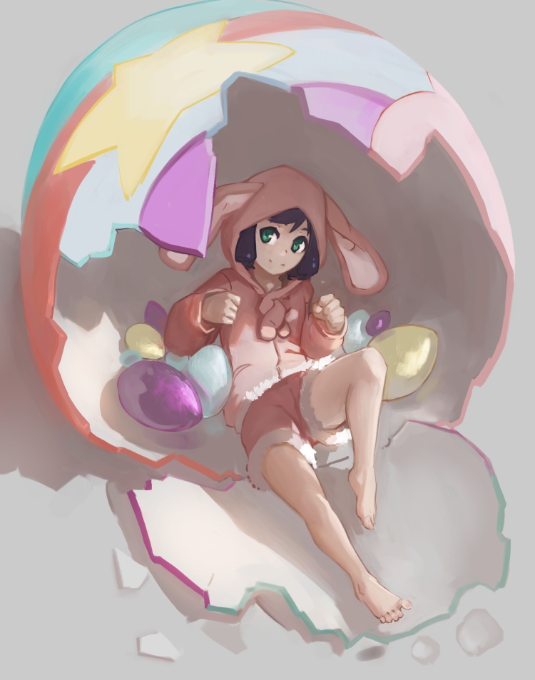 1girl animal_hood bangs bare_legs barefoot blue_hair broken bunny_hood clenched_teeth closed_mouth cyan_(show_by_rock!!) easter_egg egg fur_trim green_eyes hatching hood hood_up hoodie long_sleeves looking_at_viewer lying on_back oversized_object paintrfiend pink_hoodie pink_shorts short_hair shorts show_by_rock!! smile solo teeth
