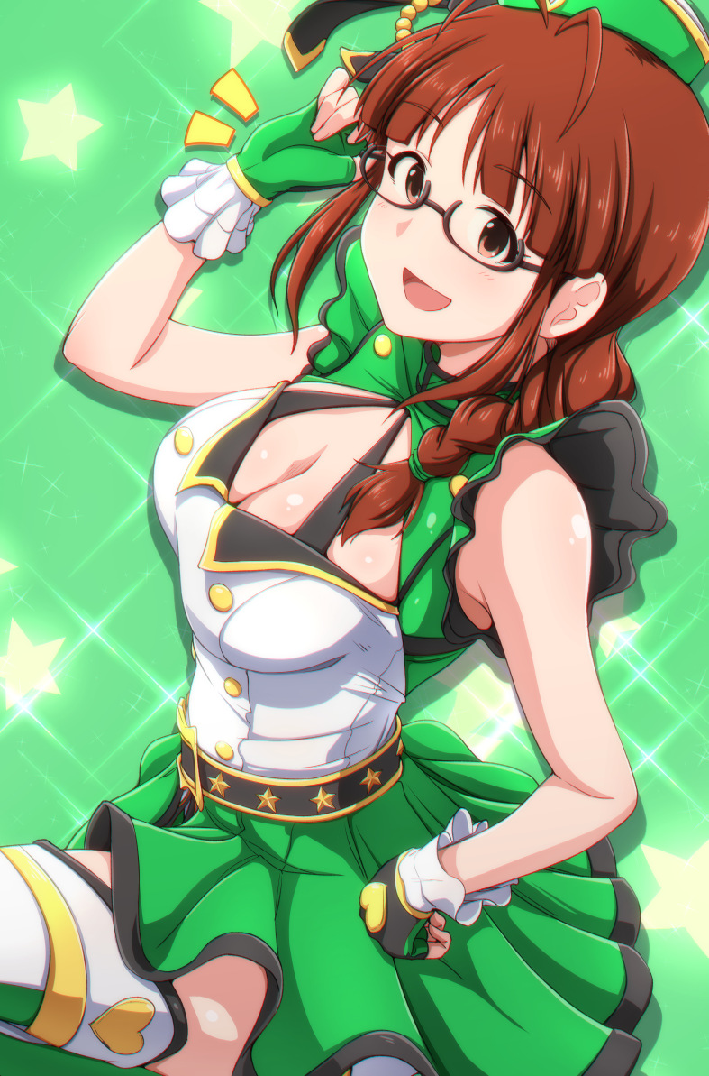 1girl :d adjusting_eyewear akizuki_ritsuko antenna_hair boots braid breasts cleavage commentary_request fingerless_gloves glasses gloves green_background green_gloves green_hat hand_on_hip hat idolmaster light_blush medium_breasts open_mouth side_braid sidelocks single_braid smile solo sparkle_background star starry_background tetuo_kun thigh-highs thigh_boots top!_clover