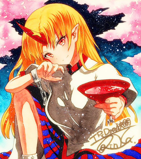 1girl blue_skirt breasts chain closed_mouth cuffs cup eyebrows_visible_through_hair head_tilt horns hoshiguma_yuugi long_hair looking_at_viewer medium_breasts multicolored_clothes multicolored_skirt orange_hair pointy_ears puffy_short_sleeves puffy_sleeves qqqrinkappp red_eyes red_skirt sakazuki shackles shikishi shirt short_sleeves signature single_horn skirt solo striped striped_skirt touhou traditional_media vertical-striped_skirt vertical_stripes white_shirt